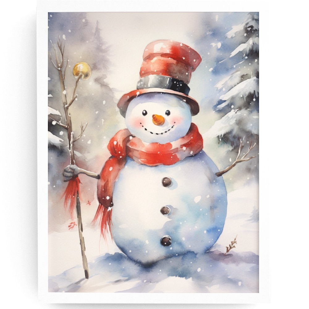 Watercolor Snowman Christmas Theme Wall Art Illustration Print Unframed